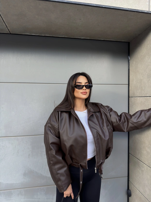 Kahverengi İçi Peluş Kemerli Deri Ceket