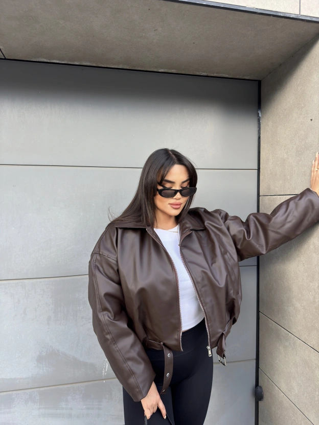 Kahverengi İçi Peluş Kemerli Deri Ceket