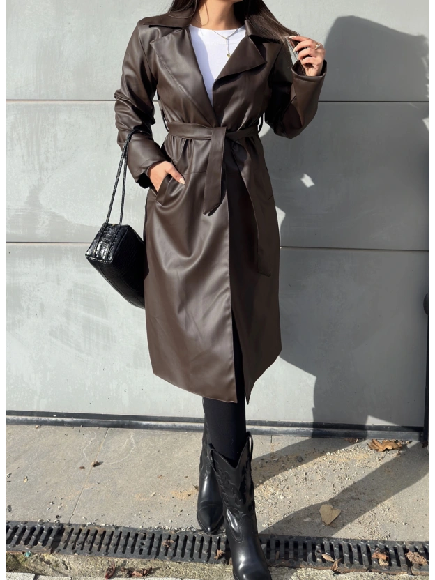 Kahverengi Deri Trençkot