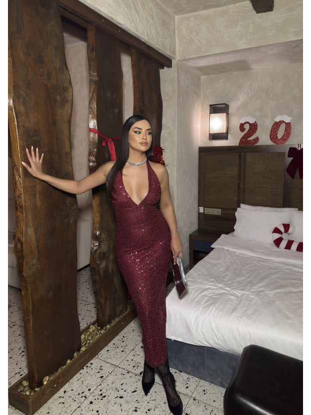 Bordo Payetli Boyundan Bağlamalı Uzun Elbise