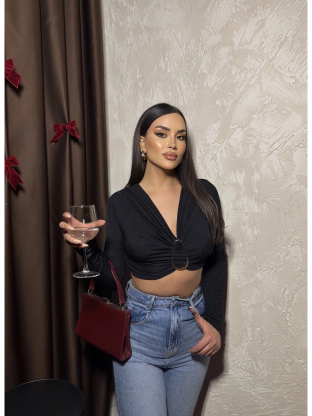 Siyah Buzzy Simli Tokalı Bluz