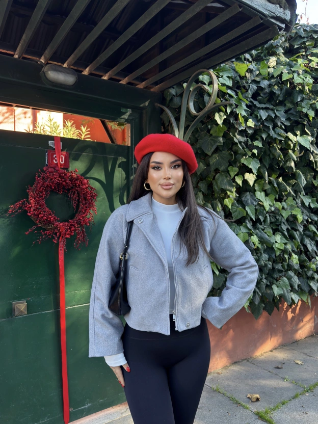 Gri Polo Yaka Kaşe Mont