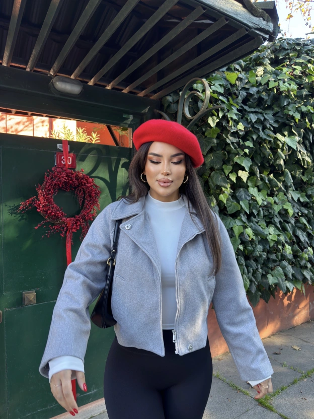 Gri Polo Yaka Kaşe Mont