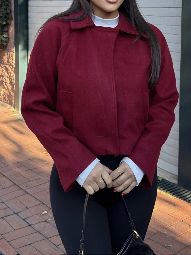 Bordo Polo Yaka Kaşe Mont