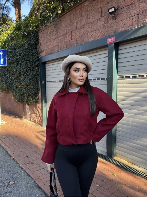 Bordo Polo Yaka Kaşe Mont