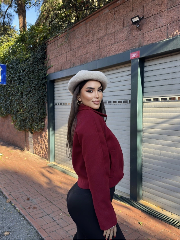 Bordo Polo Yaka Kaşe Mont