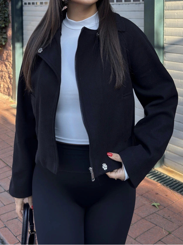 Siyah Polo Yaka Kaşe Mont