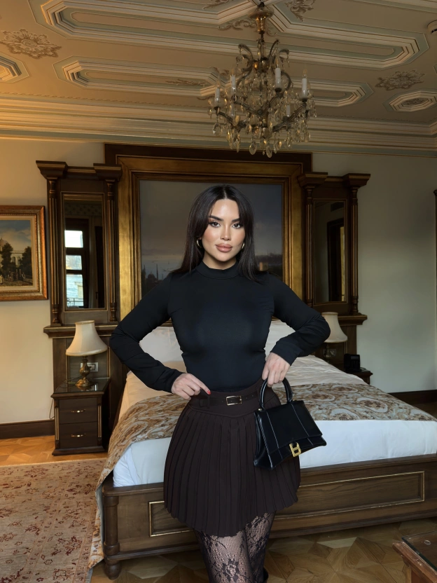 Kahverengi Piliseli Şort Etek