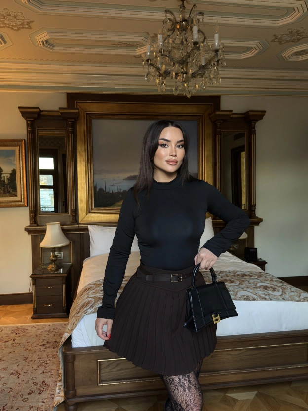 Kahverengi Piliseli Şort Etek