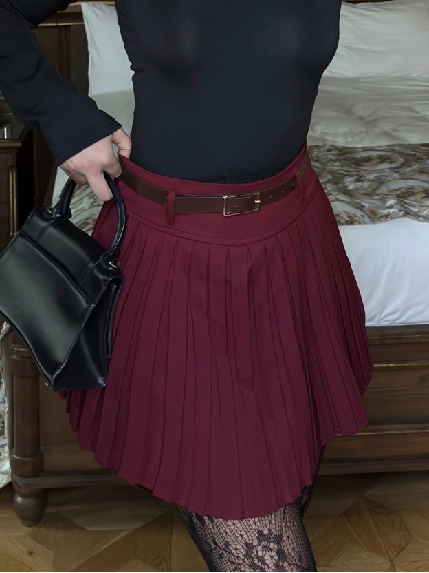 Bordo Piliseli Şort Etek