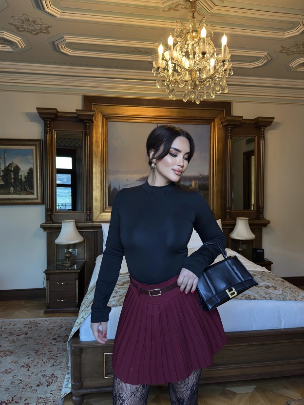 Bordo Piliseli Şort Etek