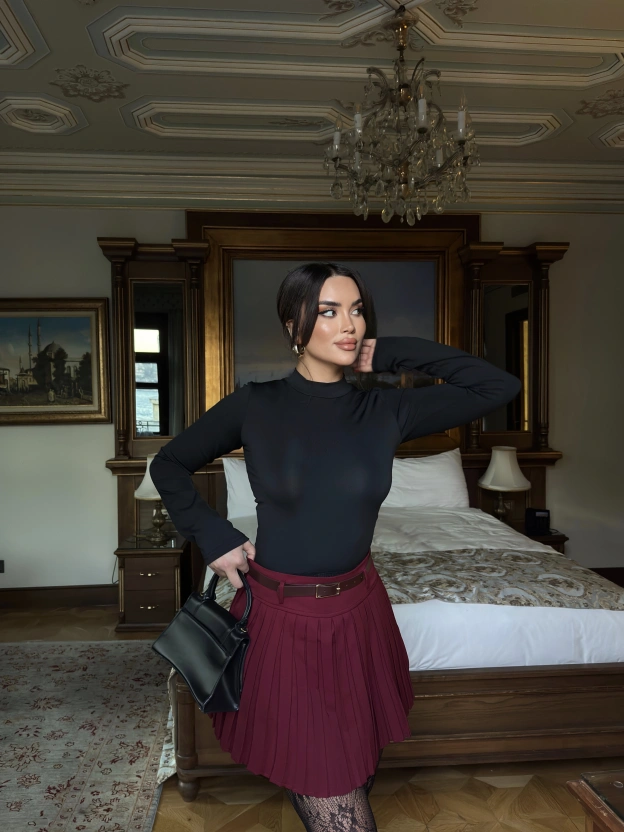 Bordo Piliseli Şort Etek