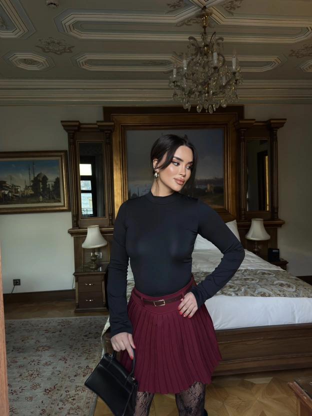 Bordo Piliseli Şort Etek