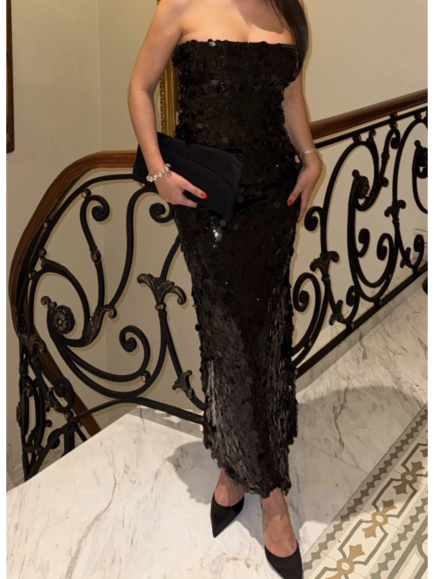 Siyah Straplez Uzun Payetli Elbise