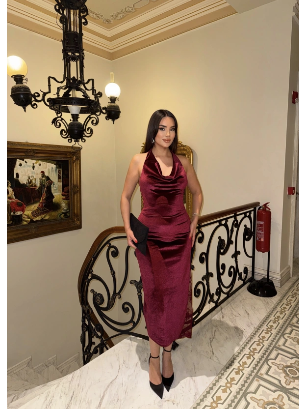Bordo Güpür Detay Uzun Kadife Elbise
