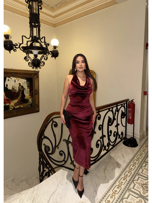 Bordo Güpür Detay Uzun Kadife Elbise