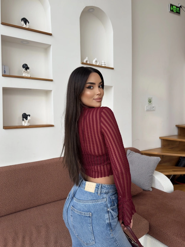 Bordo Transparan İspanyol Bluz