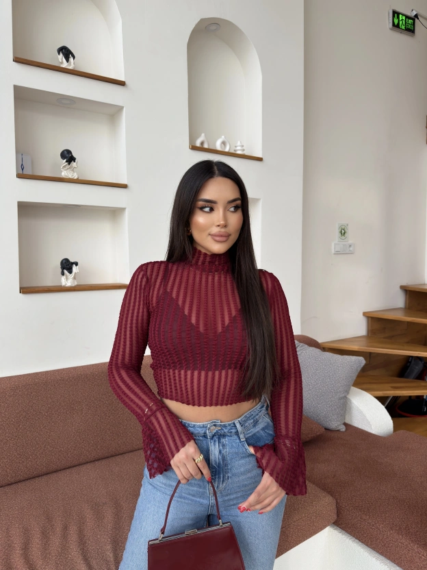 Bordo Transparan İspanyol Bluz