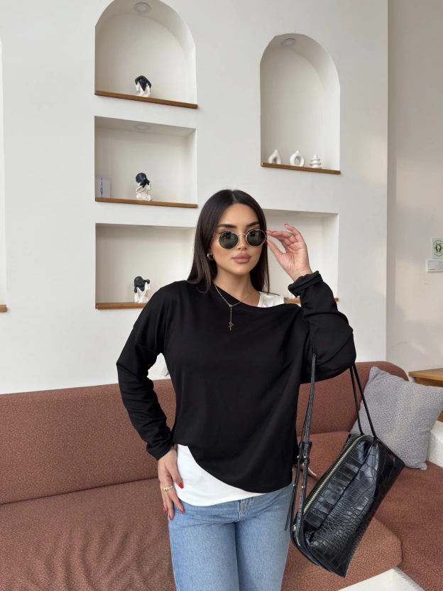 Siyah İkili Kayık Yaka Bluz Takım