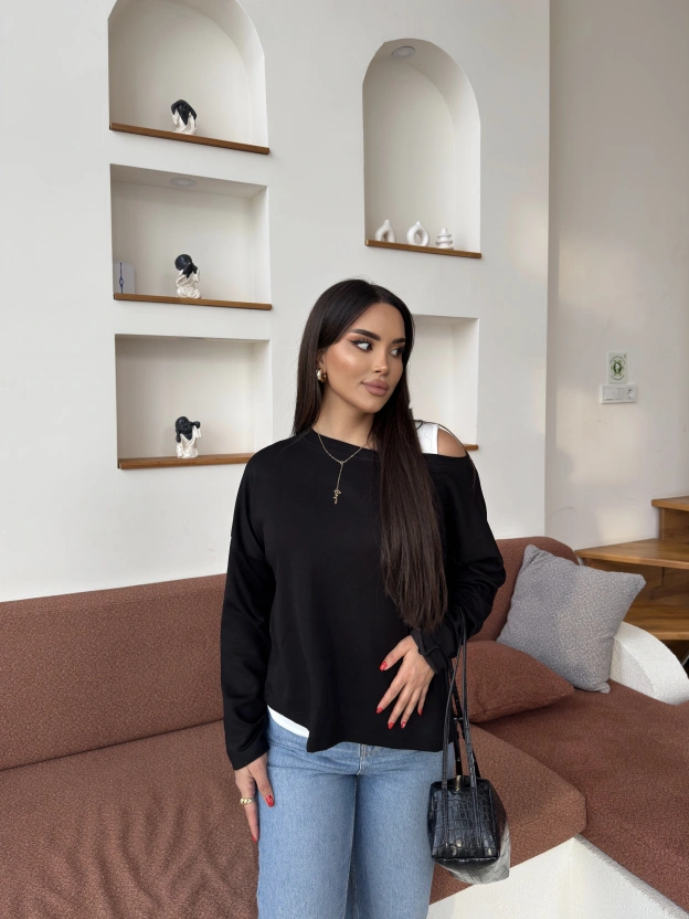 Siyah İkili Kayık Yaka Bluz Takım