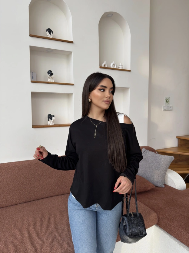 Siyah İkili Kayık Yaka Bluz Takım