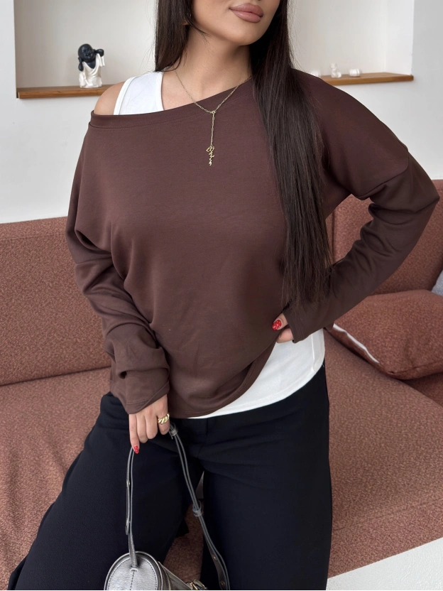 Kahverengi İkili Kayık Yaka Bluz Takım