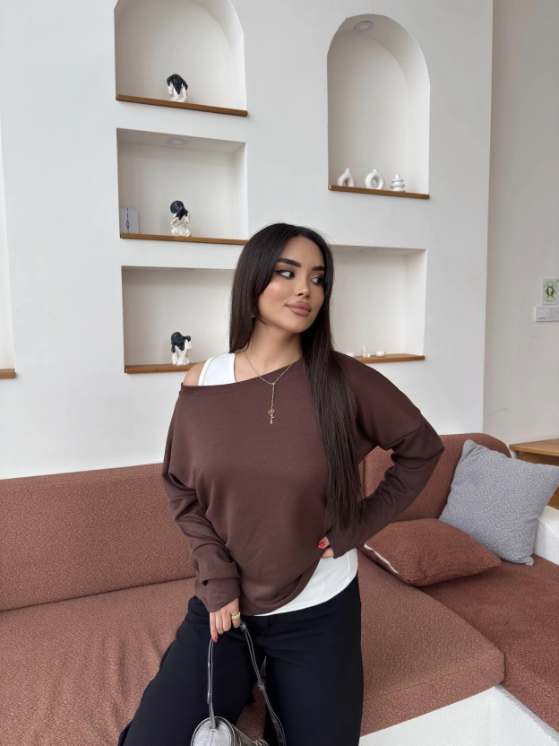 Kahverengi İkili Kayık Yaka Bluz Takım