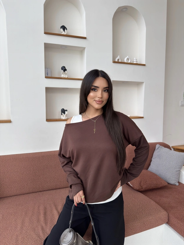Kahverengi İkili Kayık Yaka Bluz Takım