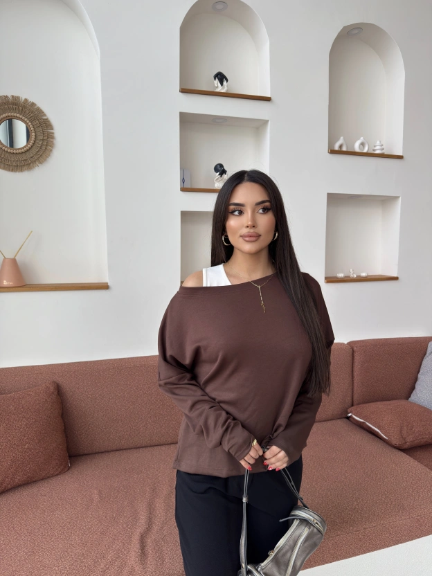Kahverengi İkili Kayık Yaka Bluz Takım