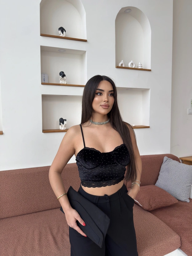 Siyah Taşlı Kadife Büstiyer