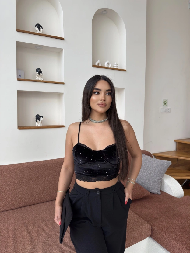 Siyah Taşlı Kadife Büstiyer