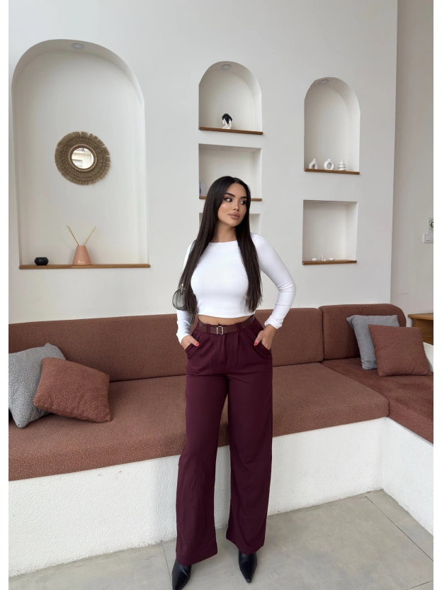 Bordo Kemerli Palazzo Pantolon