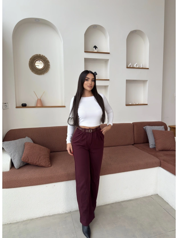 Bordo Kemerli Palazzo Pantolon