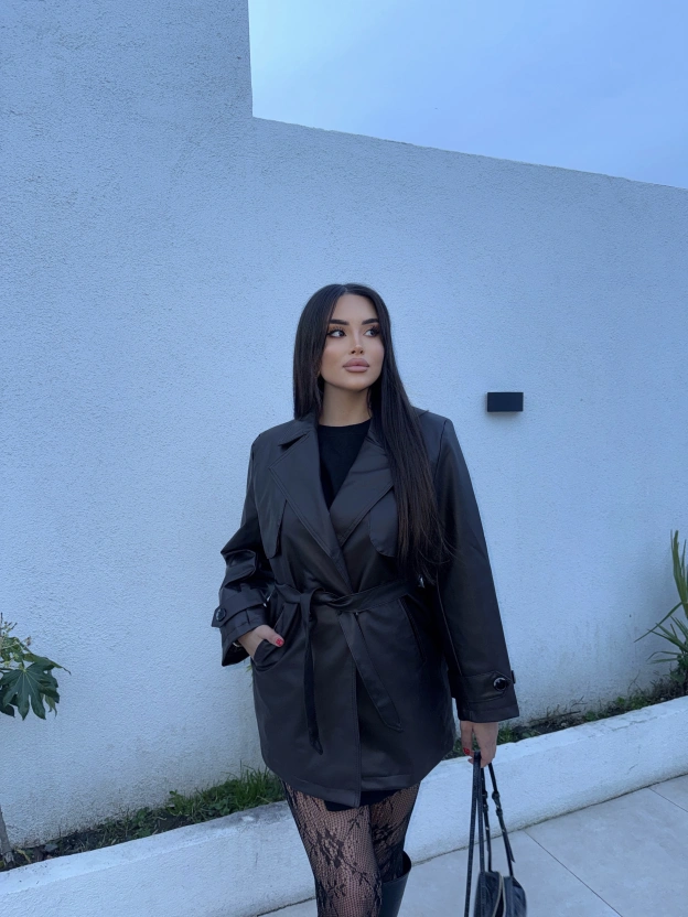 Kahverengi Midiboy Deri Trençkot