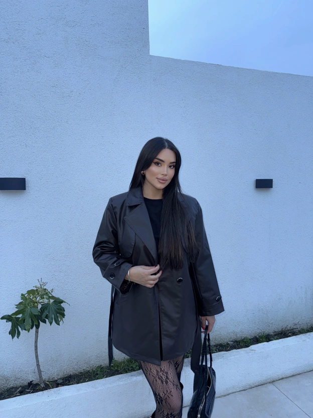 Kahverengi Midiboy Deri Trençkot