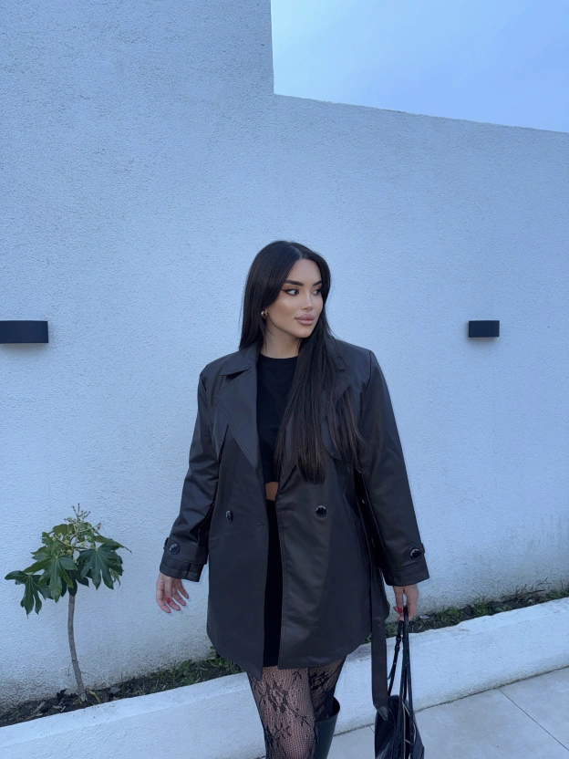 Kahverengi Midiboy Deri Trençkot