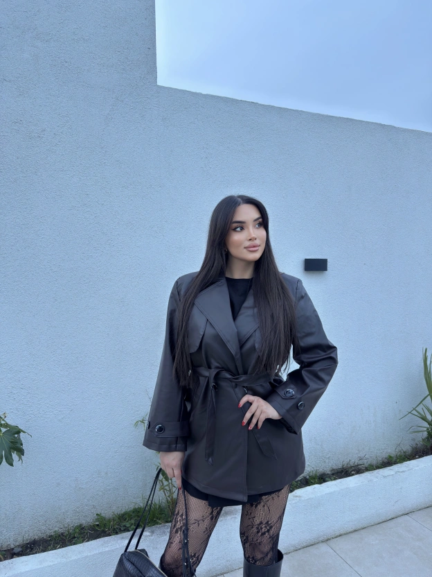 Kahverengi Midiboy Deri Trençkot