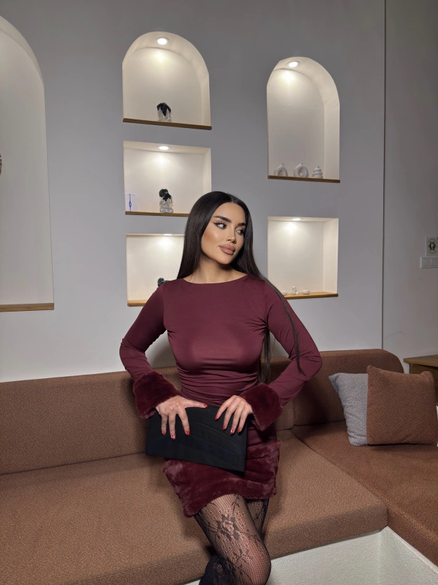 Bordo Eteği Kürklü Mini Elbise