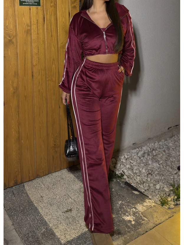 Bordo Kadife Şeritli Üçlü Takım