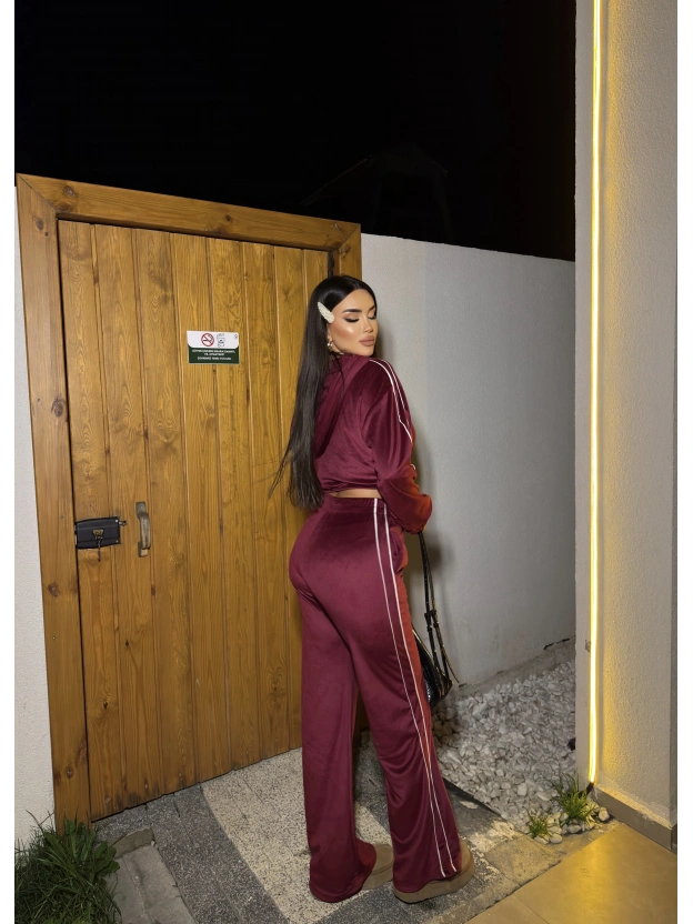 Bordo Kadife Şeritli Üçlü Takım