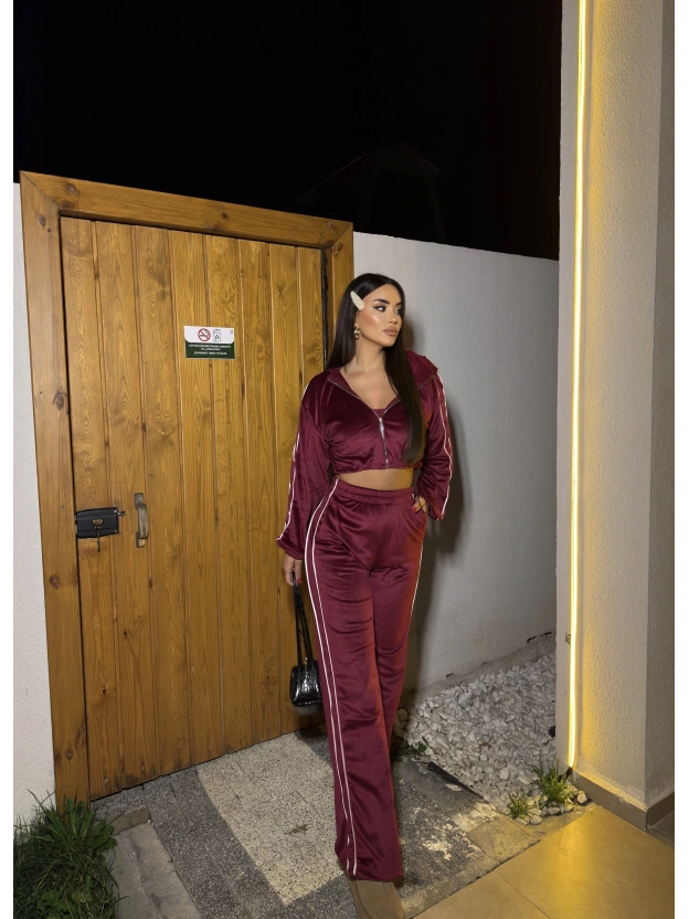 Bordo Kadife Şeritli Üçlü Takım