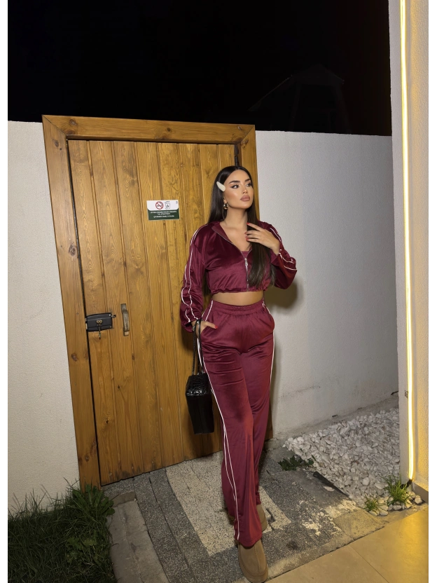 Bordo Kadife Şeritli Üçlü Takım