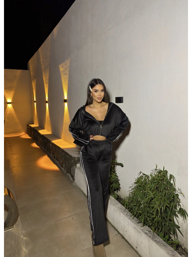 Siyah Kadife Şeritli Üçlü Takım