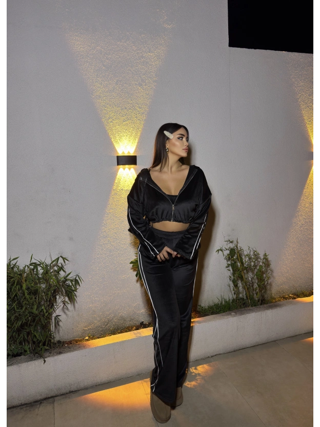 Siyah Kadife Şeritli Üçlü Takım