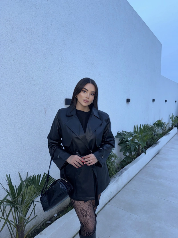 Siyah Midiboy Deri Trençkot