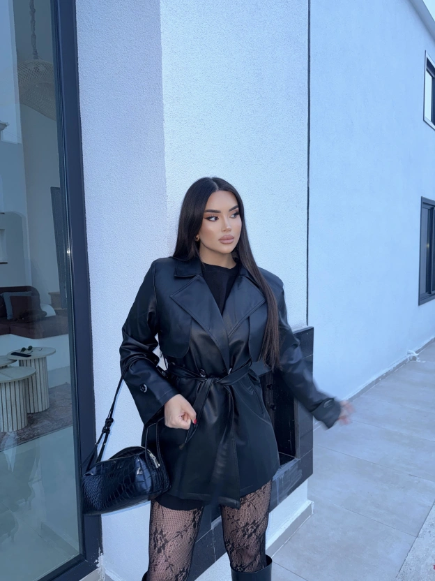 Siyah Midiboy Deri Trençkot