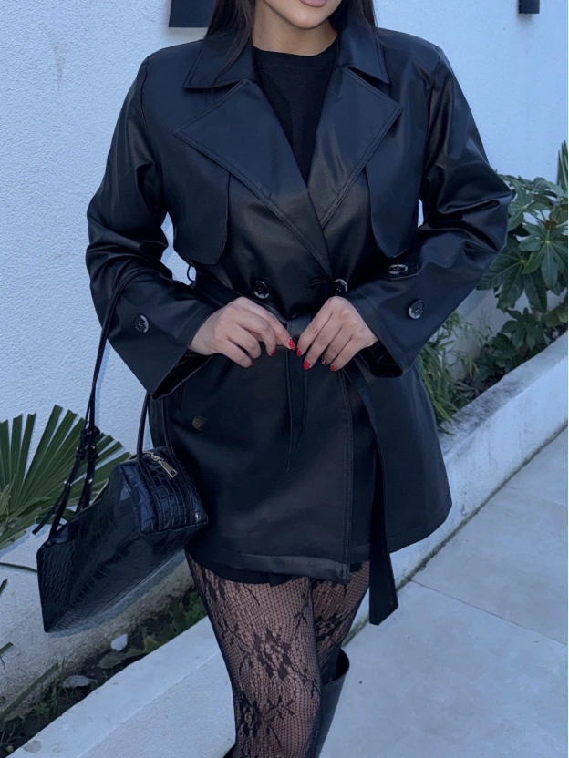 Siyah Midiboy Deri Trençkot