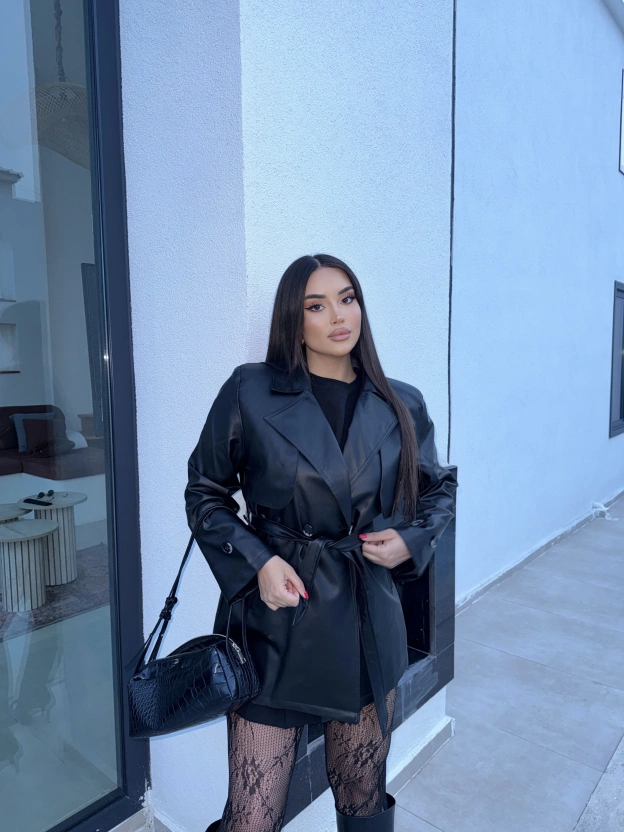 Siyah Midiboy Deri Trençkot