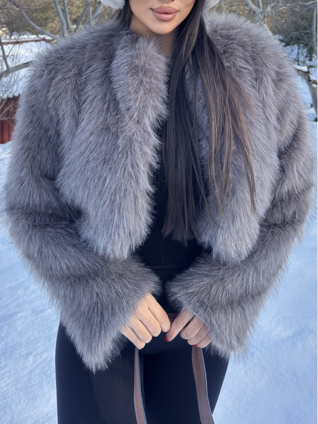 Gri Simli Crop Kürk Ceket