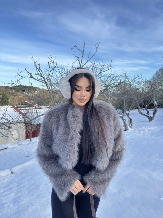 Gri Simli Crop Kürk Ceket